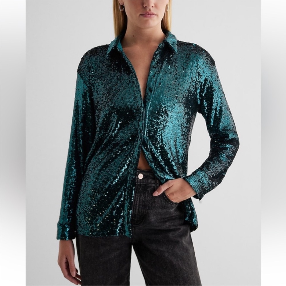 Express Relaxed Teal Sequin Portofino Shirt Size Smalll green bling party swift